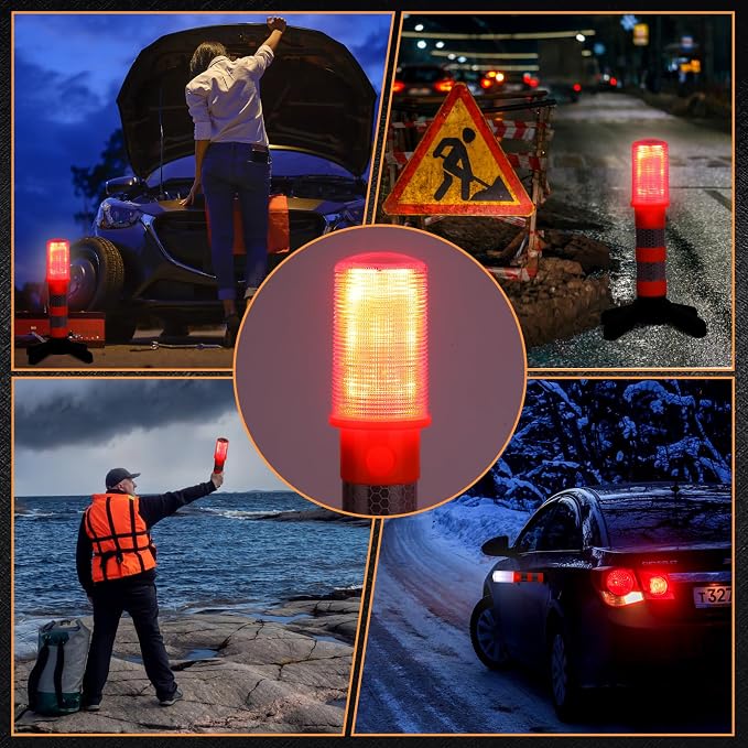 Leumoi 8 Pack Road Flares Emergency Kit LED Roadside Warning Lights Bright Red Highway Flares Lights for Vehicles Road Safety Strobe with Magnetic Bases Detachable Stands Storage for Car Truck