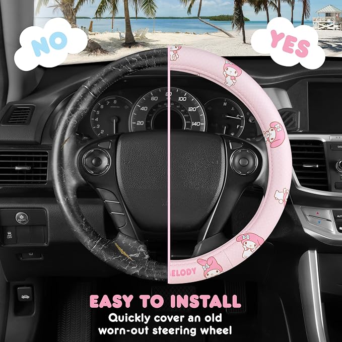 Sanrio My Melody Pastel Pink Steering Wheel Cover for Car, SUV, Truck | Universal Fit Cute Car Accessories & Gift for Women, Official Licensed Steering Wheel Protector, Fits 14.5"-15" Wheels