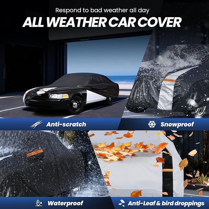 Multi-Layer Car Cover Custom Fit for Ford Crown Victoria (1991-2010), 100% Waterproof All Weather for Automobiles, Gift with Towel, Heavy Duty Car Covers for Rain Sun UV Protection with Door Zipper.