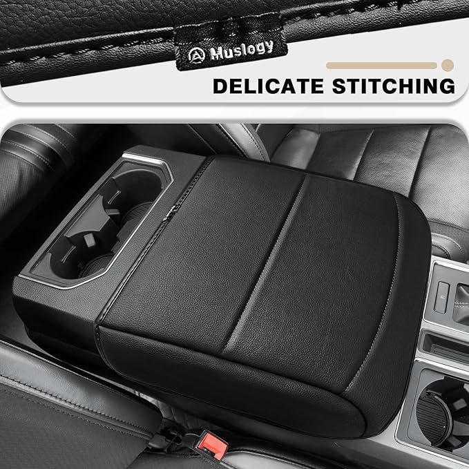 Muslogy Center Console Armrest Cover Fit for Ford F150 2021-2025 2026 Accessories, Comfort Armrest Pad Console Lid Cushion Vegan Leather Regular Thick(Bucket Seat ONLY)