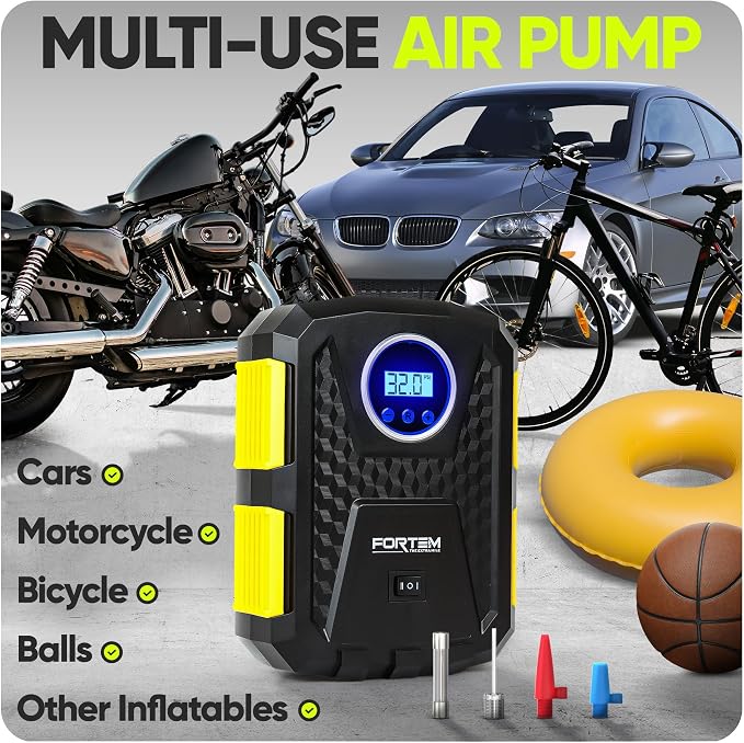 FORTEM Tire Inflator Portable Air Compressor, Air Pump for Car Tires and Bikes, Car Tire Pump w/Auto Shut Off, 150 PSI, 12V DC, LED Light, Carrying Case, Perfect For Men, Women