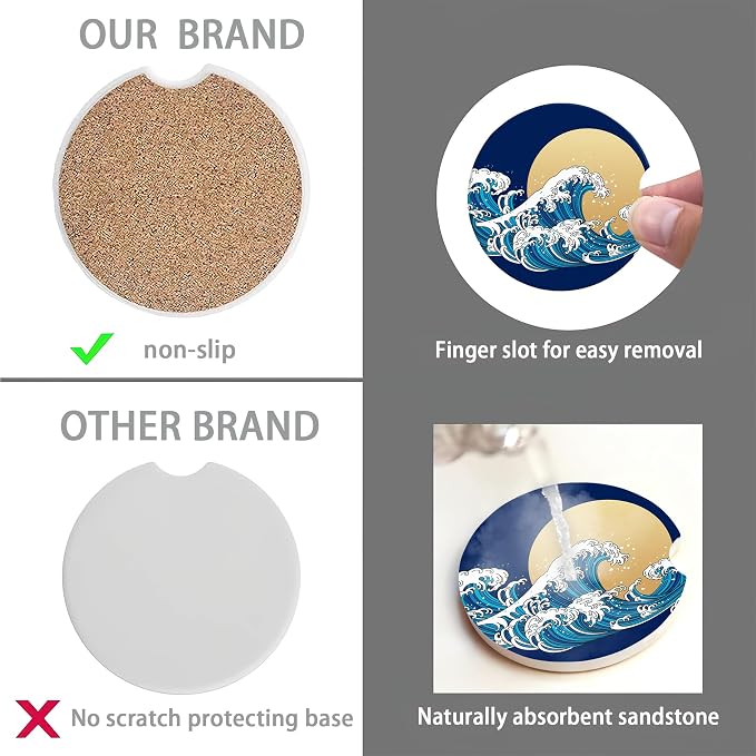 Great Wave Car Cup Holder Coaster,Japan Ocean Sunset Car Coasters for Cup Holder,2 PCS Absorbent Insert Ceramic Car Assecories with Cork Back & Finger Notch for Women Men