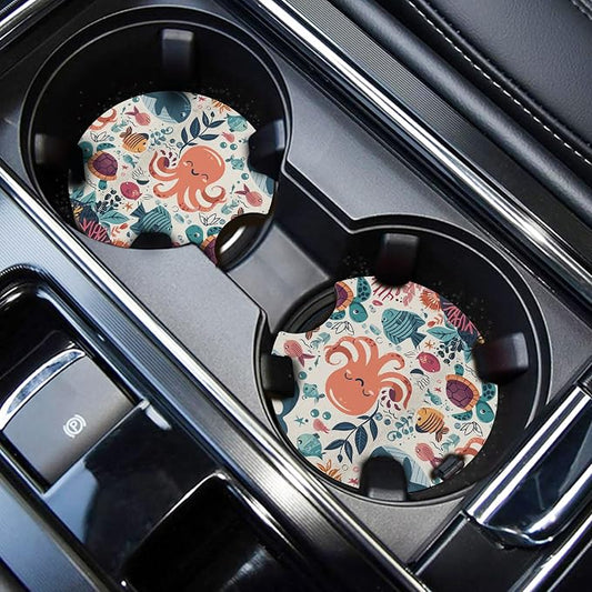 WOCOCN Car Coasters,Cup Holder Coasters for Car,2.75inch Anti Slip and Absorbent,Cute Automotive Interior Accessories for Cup Holder,Pack of 2 (Octopus)