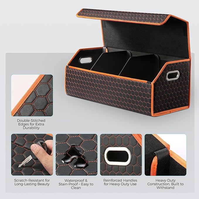 Fyzeoty Car Trunk Organizer for SUV and Sedan, Orange-Honeycomb, 29.5 in | Honeycomb Textured Exterior, Extra‑Large, Premium Leather, Magnetic Lid, Collapsible & Adjustable, Water‑Resist & Dust‑Proof