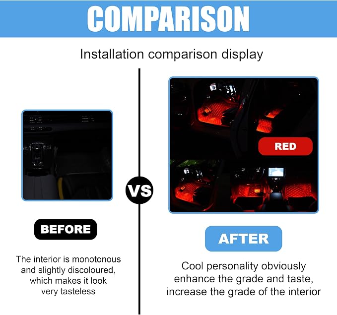 Car LED Strip Light, 48 LED 12V USB Port, Red | RGB Neon Auto Interior Atmosphere Lights, Under Dash Ambient Night Light, Universal Decorative Lamp Accessory for Car Truck