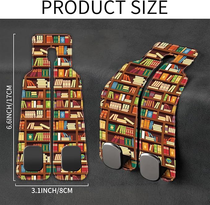 Car Headrest Purse Hanger Vintage Library Book Shelf 1 Pack Bag Purse Holder for Car Premium Leather Double Metal Hook for Handbags, Grocery Bags and Phones
