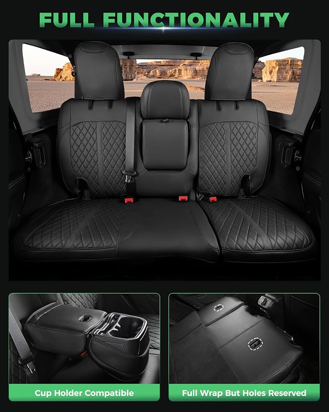 for Jeep Wrangler Seat Covers 4Door JL 2018 2019 2020 2021 2022 2023 2024 2025 2026, Custom Fit Car Seat Cover Full Set, Luxury Waterproof Leather Seat Protectors, Black, with Rear Cup Holder