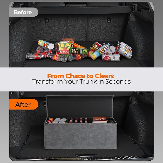 Fyzeoty Car Trunk Organizer for SUV and Sedan, Trapezoidal-Grey, 29.5 in | Tailored for Rear Seats, Silky Crosshatch Vegan Leather, XL, Magnetic Lid, Collapsible & Adjustable, Water‑Dust Resist