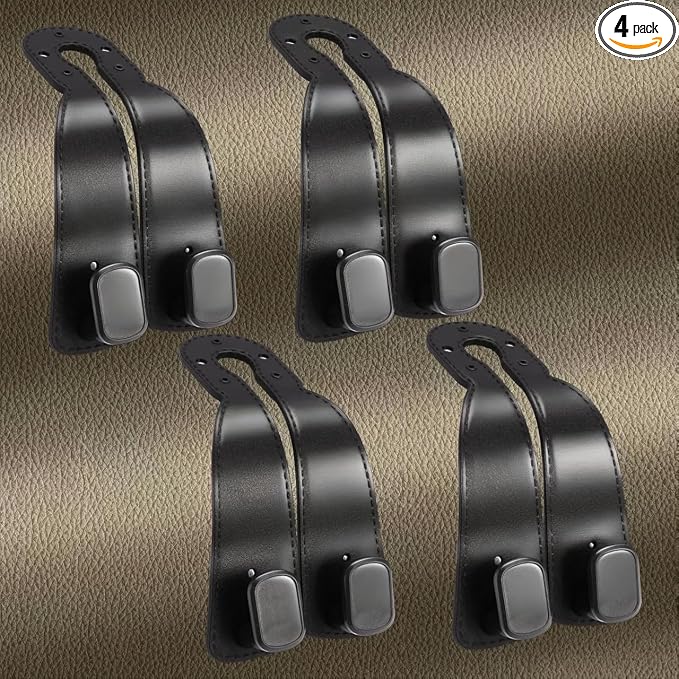 4 Pack Headrest Hooks for Car, Leather Car Seat Back Storage Hooks, Car Purse Holder for Purses and Handbags