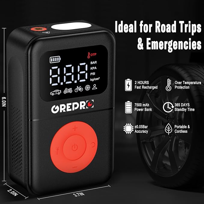 GREPRO Tire Inflator Portable Air Compressor, 160 PSI Portable Air Pump with Digital Pressure Gauge, LED Light, and Multiple Adapters for Car, Motorcycle, Bicycle, and Other Inflatables