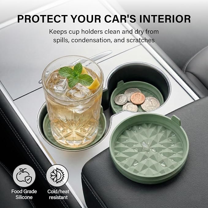 Car Coasters 3.15in[4 Pack] Car Accessories Fit for SUV and Trucks Silicone Mats Non-Slip, Car Cup Holders Insert Coasters, Car Interior Accessories, Decor, Gift Sage Green