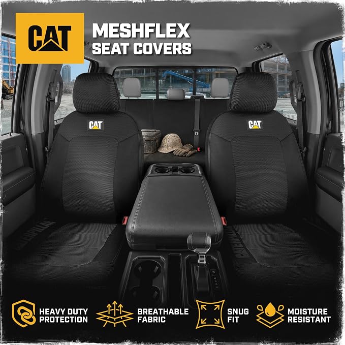 CAT MeshFlex Seat Covers Full Set for Full-Size Pickup Trucks Only - Black | Front Bucket Seat Covers & 60/40 Split Rear Bench Protector – Interior Accessories For F-150, Silverado, Ram, Sierra & Tundra
