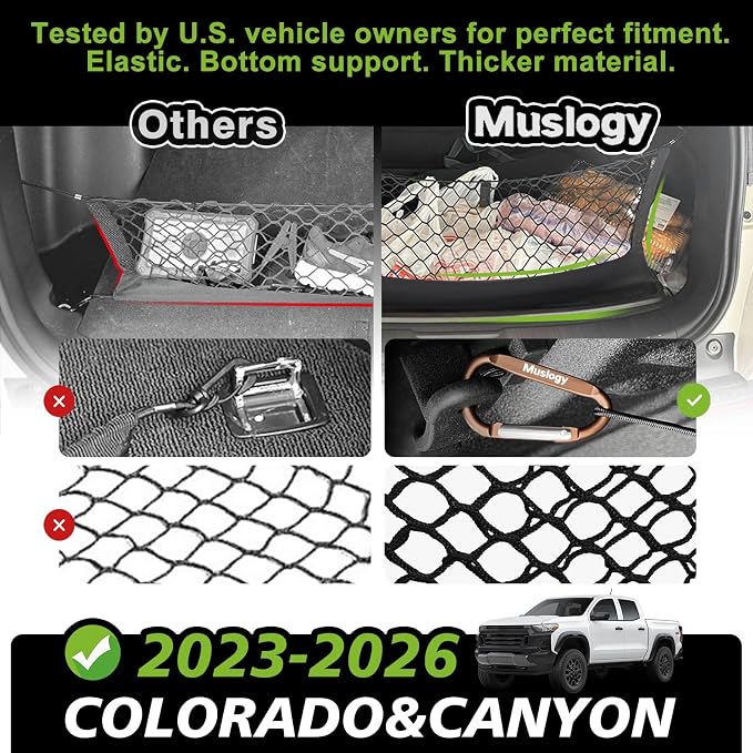Muslogy Truck Bed Cargo Net Trunk Netting Compatible with Chevrolet Colorado & GMC Canyon 2026 2025 2024 2023 Accessories, Pickup Cargo Organizer SUV Sedan Storage Net w/Heavy Duty Carabiners