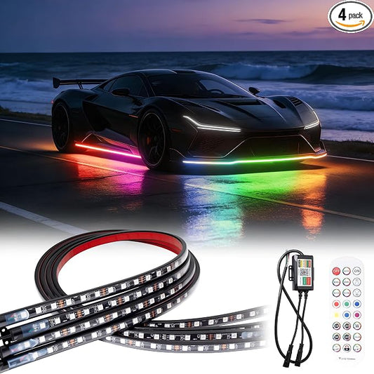 Underglow Light Strip RGB - 4PCS Car Neon Lights Kit with 252 LEDs, Dream Color Chasing Strip Lights，Music Sync, Waterproof PVC Underbody Light Strips with APP，Remote Control for Cars Trucks SUVs