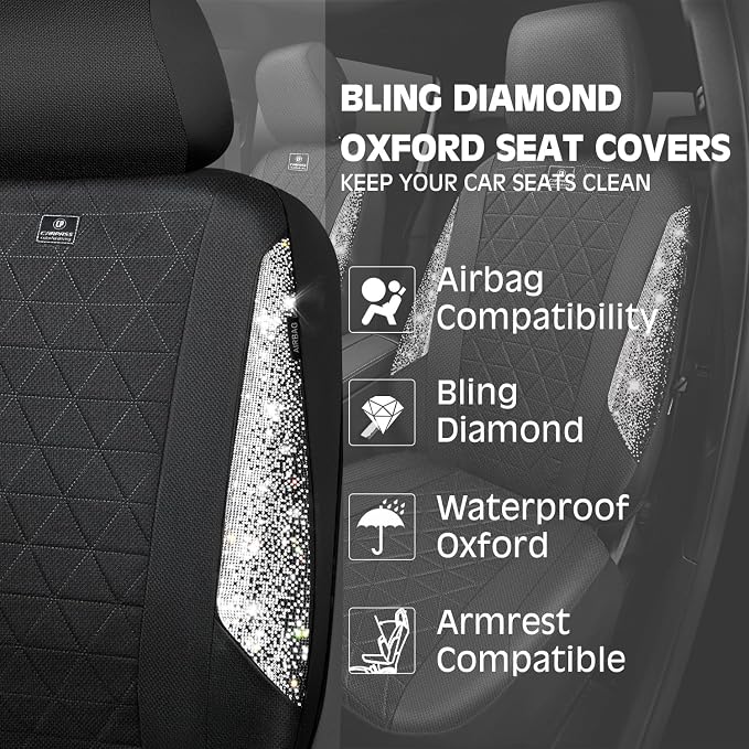 CAR PASS Oxford Bling Diamond Car Seat Covers Full Set Interior Sets, Waterproof Shining Glitter Sparkly Crystal Universal Armrest Fit 95% Automotive Truck SUV Cute Women Girl, Black Silver Rhinestone