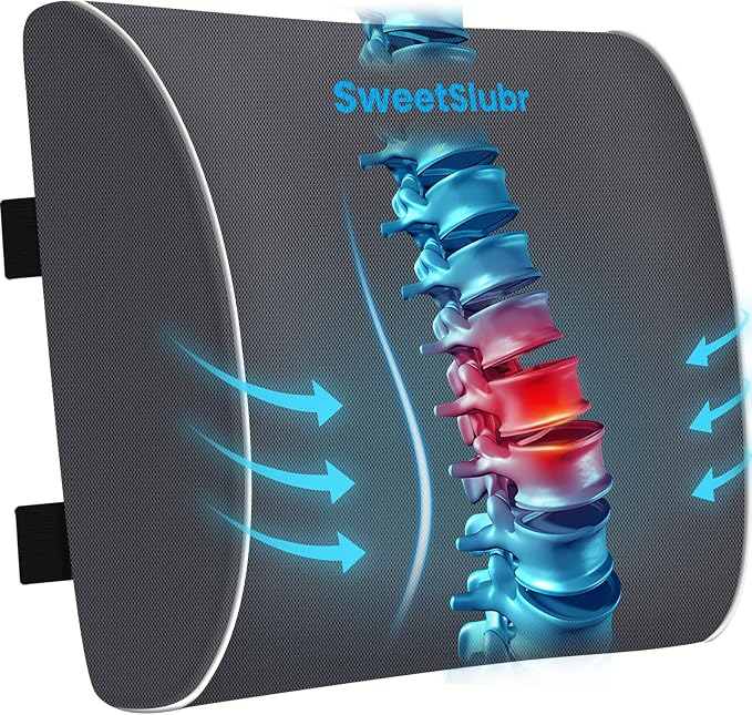 SweetSlubr Lumbar Support Pillow for Office Chair, Car Seats and Home Desks, Ergonomic Back Support with Double Adjustable Straps, Machine Washable Cover, Gray