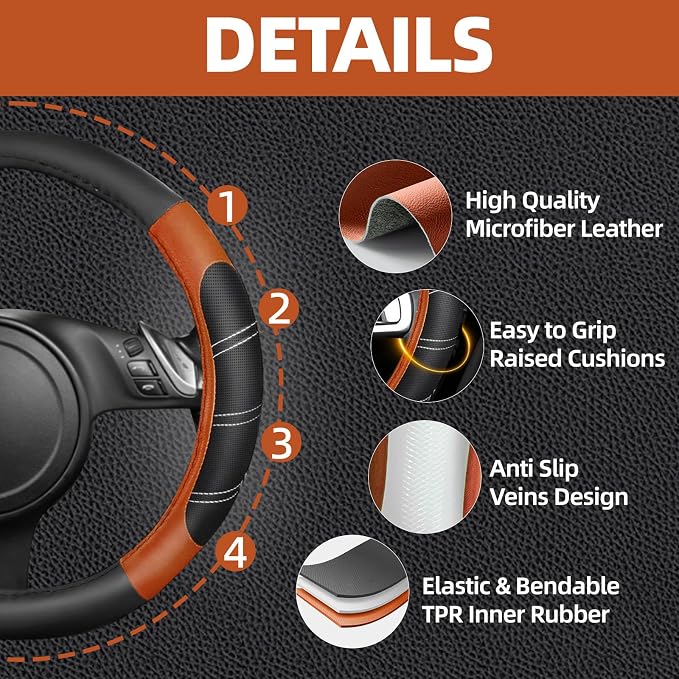 NBTEPEM 10 Pcs Car Floor Mats Full Set & Sport Leather Steering Wheel Cover 14.5-15 inch, Center Console Cover, Seat Belt Cushion, Cup Holder Coaster, Universal Automobile Interior Sets (Brown)