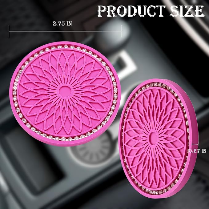 2PCS Bling Car Cup Holder Coasters, 2.75 Inch Silicone Anti-Slip Insert, Bling Shockproof Cup Mat for Women Girls, Universal Fit for Most Vehicles (Rose Red & White)