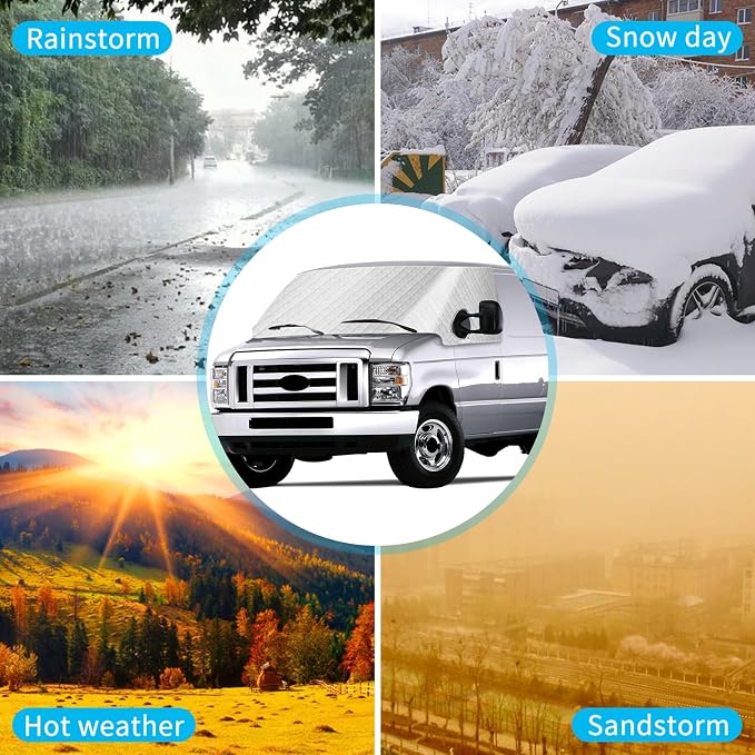 Windshield Sun Shade for 1992-2026 Ford E-Series E-150 E-250 E-350 E-450 Van Motorhome, External 5-Layer Reflective Sunshade for 2019-2026 Ford Econoline E-Series Van & Motorhome
