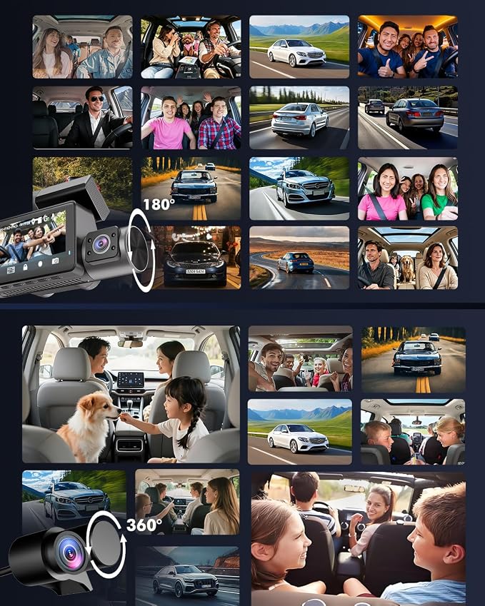 4K 3 Channel Dash Cam Front and Rear Inside, WiFi 6 GPS, 64GB Card | 4K+1080P+1080P, IR Night Vision, 24H Parking Mode, G-Sensor, Loop Recording, Dashcam for Rideshare Taxi Drivers Family