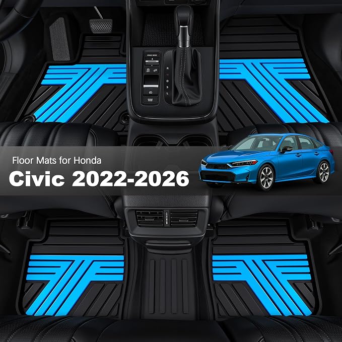 Rubber Floor Mats for Honda Civic Sedan Hatchback Si 2022-2026 | Include Sport but Not for Hybrid, All Weather Car Floor Liners Fit for Acura Integra 2023-2026, 1st & 2nd Row, Black & Blue,