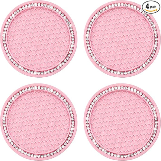 BFXM 4 PCS Bling Cup Holder Coasters for Car, 2.75 inch Diamond Universal Non-Slip Pink Silicone Cup Holder Coasters, Sparkly Bling Car Accessories for Women(White Diamond)