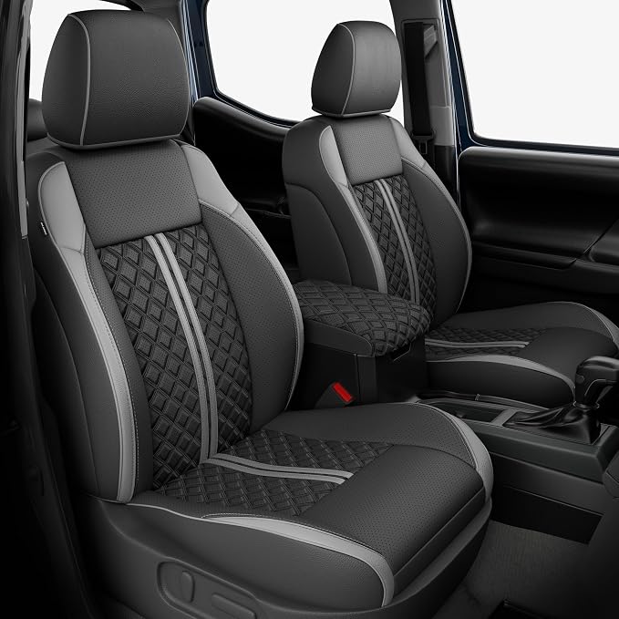 Custom Seat Covers for Tacoma 2016-2023 3rd Gen Double Cab SR5/TRD Off-Road/SR/TRD Sport/TRD PRO Full Set with Console Covers, Waterproof Leather Back and Front Seat Protectors Black Grey
