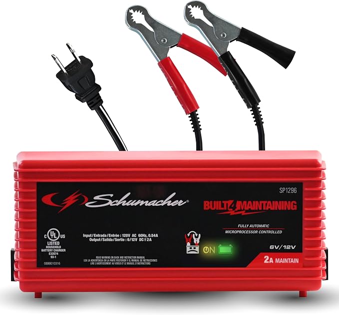 Schumacher Electric 2A Car Battery Charger and Maintainer, 3-in-1 Solution, for 6V/12V Power Sport, Automotive, and Marine Batteries, SP1296