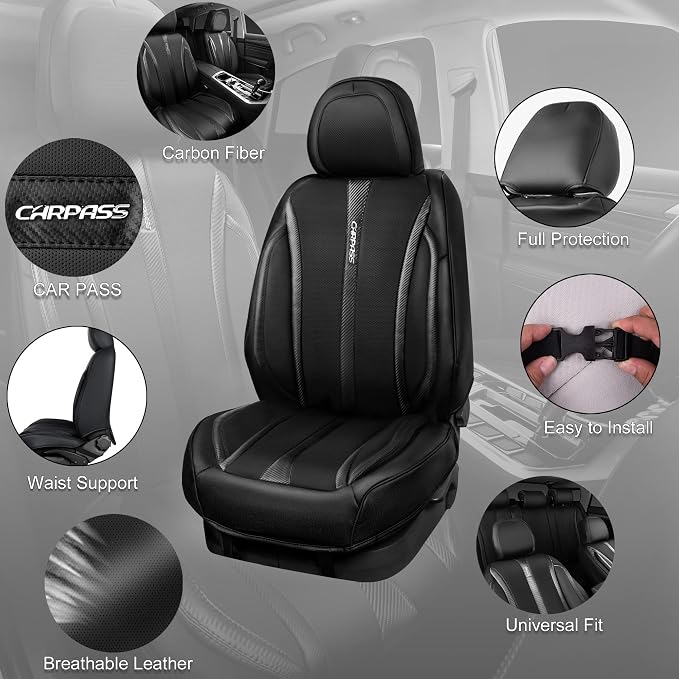 CAR PASS Carbon Fiber Nappa Leather Car Seat Covers Front Only Cushioned Leatherette 2 Piece Padded Waterproof Universal Fit for Cars SUV Truck Pickup Automotive Vehicle Interior, 2PCS Black