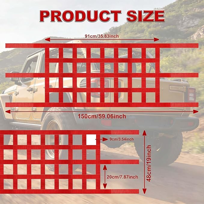 Red for Jeep Hammock & Cargo Net, Compatible for 1987-2024 Jeep Wrangler | YJ TJ JK JL LJ JKU JLU JT & Gladiator JT, High-Visibility Nylon for Jeep Hammock, Car Ceiling Cargo Net Overhead Storage