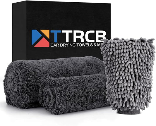 TTRCB 2 Pack Car Drying Towel, 1300 GSM Microfiber Towels for Cars (36" x 24" & 16" x 16"), Car Wash Mitt, Ultra-Absorbent, Streak Free, Car Wash Kit, Car Cleaning Detailing Supplies for SUVs, Trucks