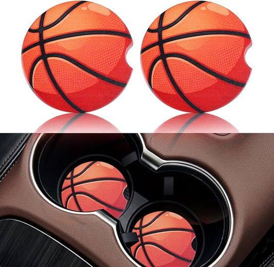 2 Pack Basketball Car Coasters for Men Women Car Cup Holder Coasters, 2.63 Inch Anti Slip Ceramic Absorbent Coaster with Cork Base and Finger Notch, Cute Fun Car Accessories Interior