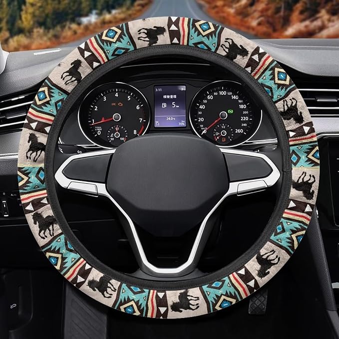 Wanyint Aztec Horse Blue Car Steering Wheel Cover Universal 15 Inch Steering Wheel Wrap Anti-Slip Soft Elastic Decorative Auto Accessories All Weather Protection