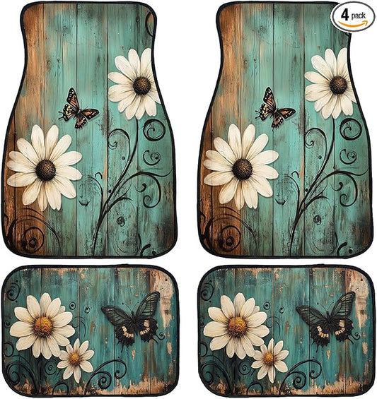 Nature Car Floor Mats Set of 4 Rustic Daisy Butterfly Wooden Automotive Foot Mats Rugs Carpet for Car Non-Slip Auto Car Accessories Universal Fit for Car SUV Truck Van