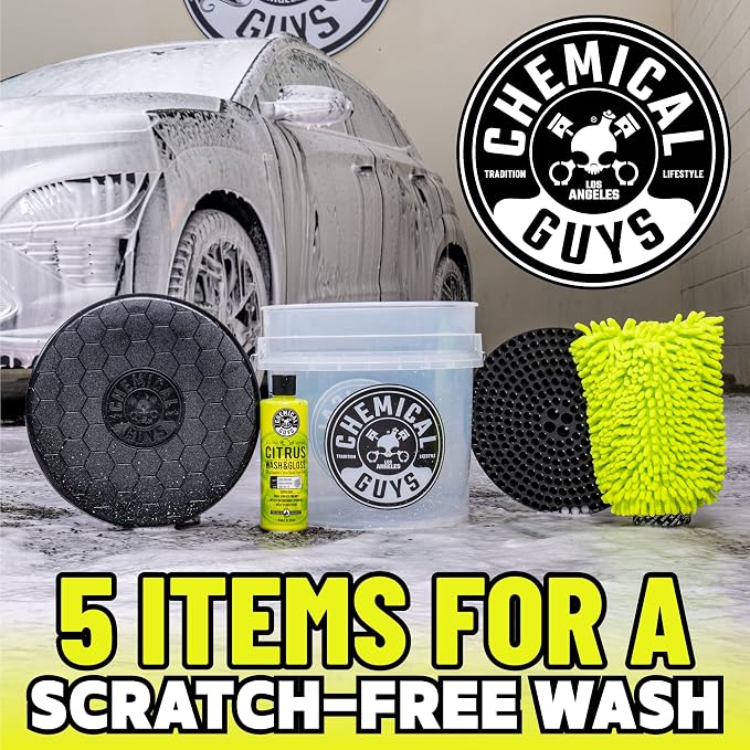Chemical Guys, Ultimate Car Wash Bucket Kit, Dirt Trap, Mitt, Soap & Lid | Grit guard sinks debris to the bottom so it stays off your paint; a complete starter setup for safe at-home washing