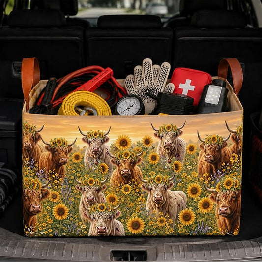 Highland Cow Car Trunk Organizer 20L Fold Auto Storage Basket with Handles | Waterproof Soft Storage Chest,Shopping Grocery Bags Rectangle Fabric Bins Storage Box for Car SUV,Highland Cow Gifts