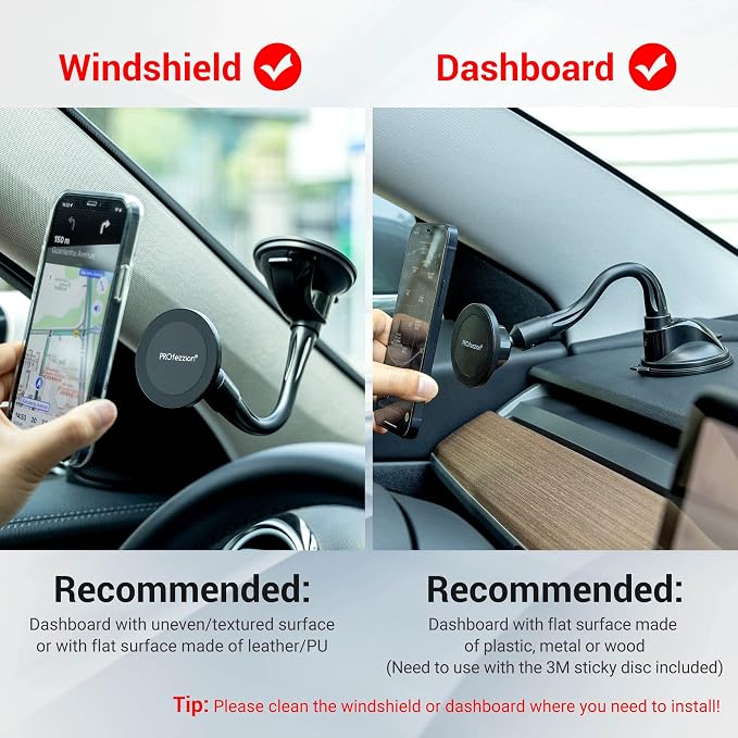 PROfezzion for MagSafe Car Windshield Mount Magnetic Holder, Suction Cup | Flexible Aluminum Rod, on Window Dash or Vent, Stable & Angle Adjustment, for iPhone 17 16 15 14 13 Pro Max & All Phones
