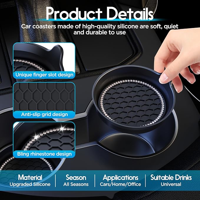 Amooca Car Cup Coaster Universal Non-Slip Cup Holders Bling Crystal Rhinestone Car Interior Accessories 2 Pack Black