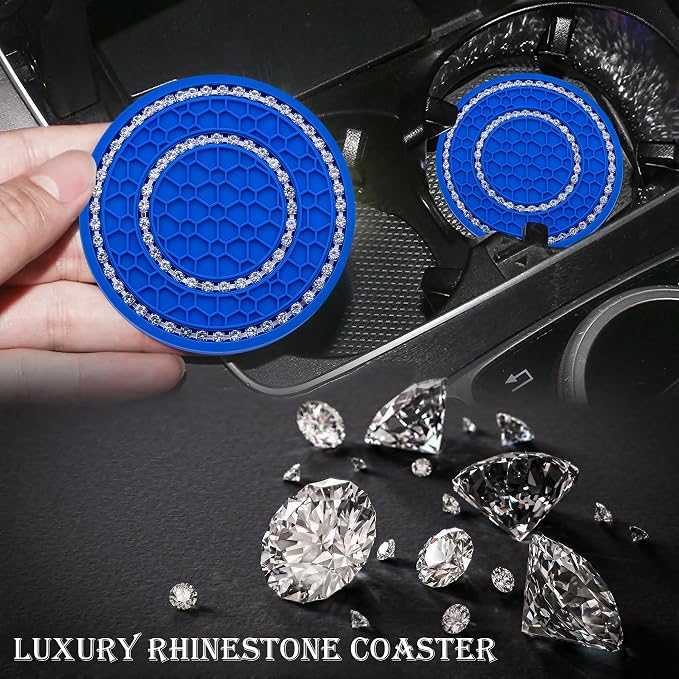 2PCS Bling Crystal Rhinestone Cup Holder Coaster, 2.75 inch Soft Silicone Anti-Slip Shockproof, Car Cup Holder Insert Coasters, Universal Car Interior Accessories for Women (Deep Blue & White)