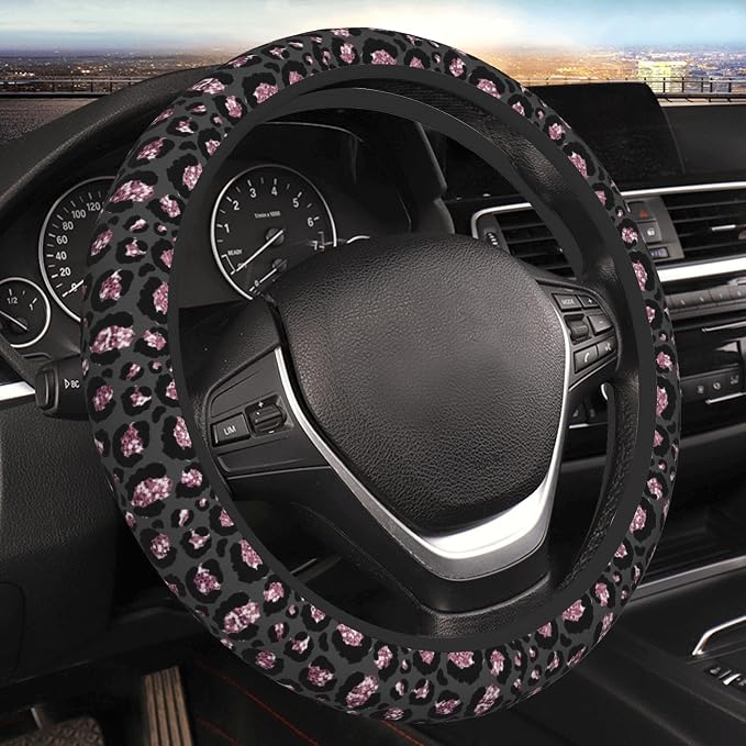 Steering Wheel Cover Universal Fit Car Interior Accessories for Women Men 15 Inch Breathable Anti Slip Odorless Neoprene Steering Wheel Cover for Car Decor Protector - Black Pink Leopard 005