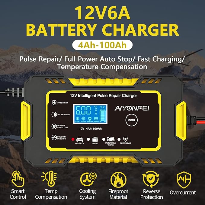 12V 6-Amp Battery Charger, Smart Trickle Charger Maintainer Yellow | Battery Desulfator, Winter & Summer Mode, Lead-acid Battery Chargers, for Car Truck Motorcycle Lawn Mower Boat