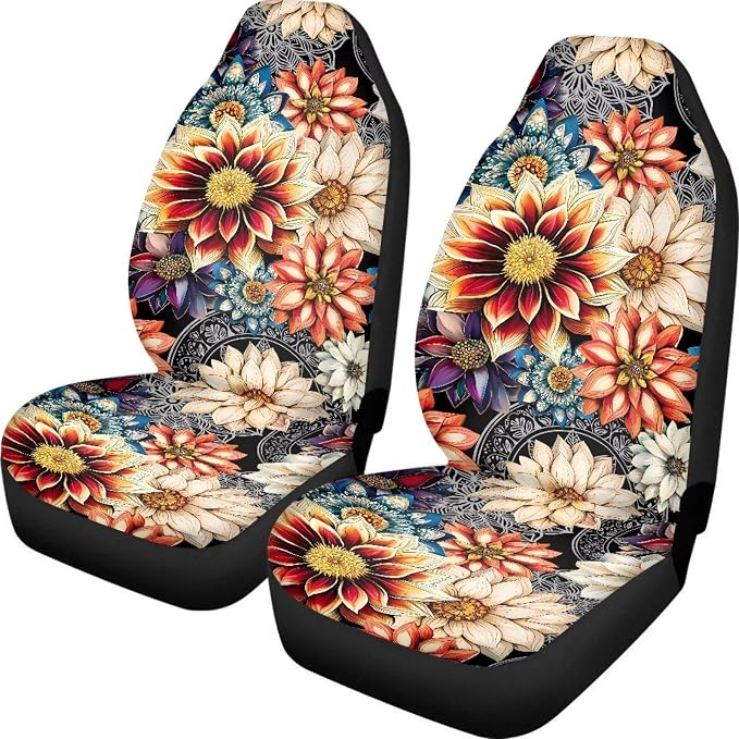 Dahlia Flowers Blossom Car Seat Covers for Front Seats Ethnic Style Bucket Seat Covers Universal Fit for SUV Truck Sedan Front Seat Protector,2 Piece Set