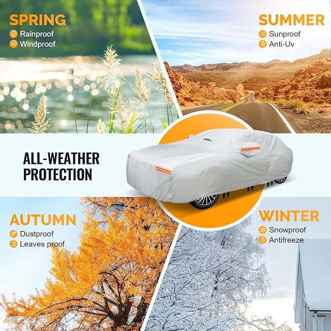 30 Layers Heavy Duty SUV Car Cover for Automobiles All Weather Waterproof, Outdoor Snowproof UV Protection Windproof, Door Zipper, Soft Cotton Universal Car Covers (Silver, Fit SUV 181"-190")
