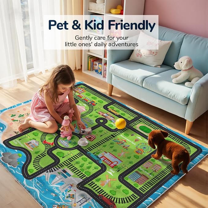 Nayoroom Kids Island Train Map Rug, Faux Wool Track Map, Non-Slip, 5 x 7 ft | Island map and train tracks; Rail-route play; Soft faux wool surface; Non-slip backing; Easy-care finish
