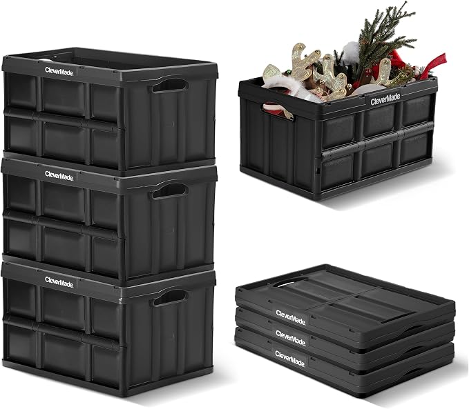 CleverMade Collapsible Plastic Storage Bins, 46L 3 Pack, Stacking, Obsidian | Built-in handles simplify garage, car and household organization, while the roomy open-top keeps bulky supplies accessible