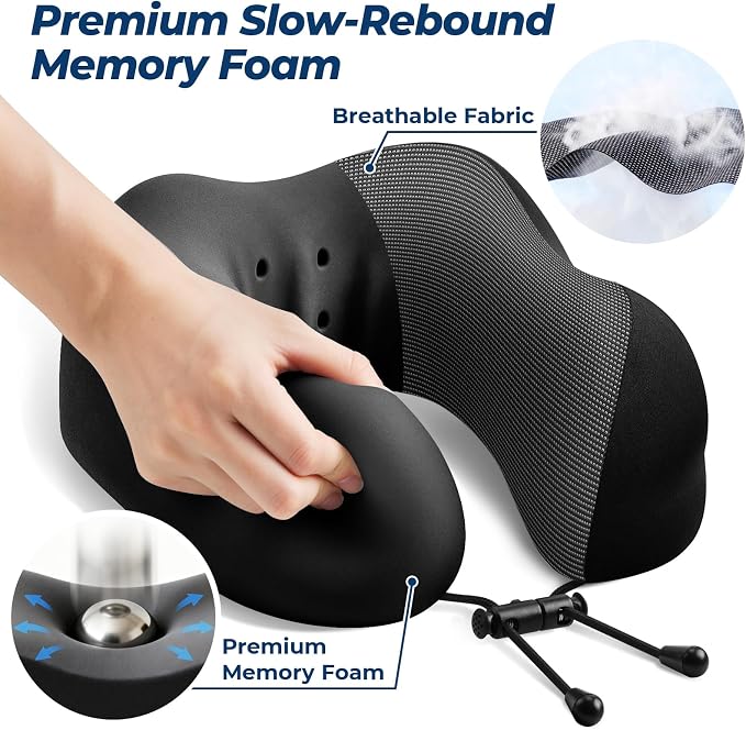 ExploreBliss Travel Pillow, 2 Pack Travel Pillows for Sleeping Airplane, Neck Pillow Airplane, Memory Foam Neck Pillow Set with Eye Mask, Earplugs and Storage Bag -Black & Pink