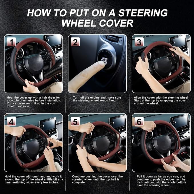 SEG Direct D Shaped Steering Wheel Cover for 14.5-15 inch Flat Bottom Wheels, Breathable Perforated Microfiber Leather, Anti-Slip Grip, Universal Fit for Cars & SUVs, Black and Burgundy