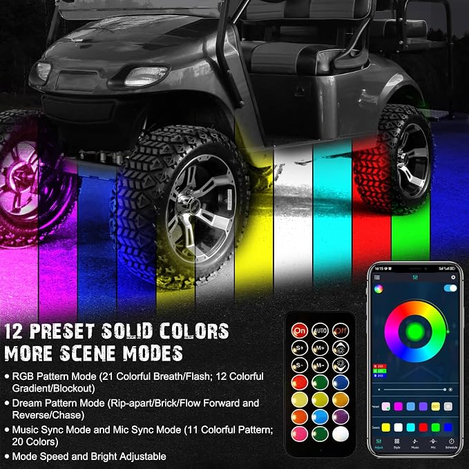 Golf Cart Underbody LED Lights 4Pcs, 12V - 80V Input Golf Cart Underglow Light Kit Bluetooth APP Control Dream Colors for EZGO Club Car Yamaha, Music Mic Sync Modes (Included Voltage Reducer)