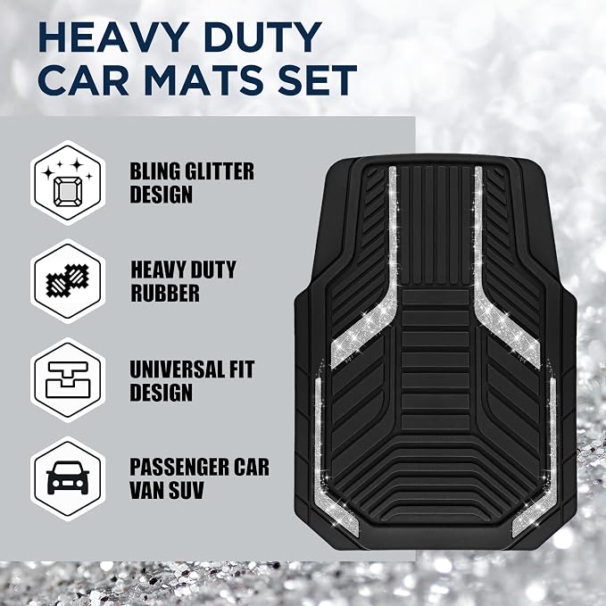 PIC AUTO Car Floor Mats, Silver Sparkly Crystal Bling Glitter Car Mats Set, Front and Rear Heavy Duty Rubber Car Mats with Anti-Slip Backing, All Weather, Trim-to-Fit for SUVs, Trucks, Sedan, Vans