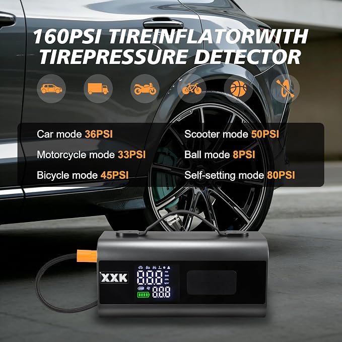 160PSI Tire Inflator Portable 2000A Car Jump Starter,20000mAh | 15000PA Vacuum With Digital Pressure Gauge,Power Bank With Led Light,Suck&Blow Function,For Car,Bicycle,Balls